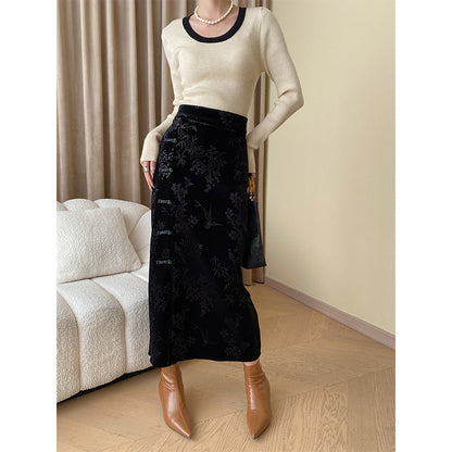Damen Maxikleid Florales Samt-Design Elegant