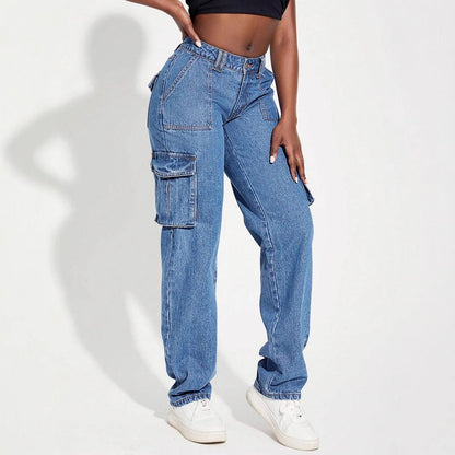 Damen Cargo Jeans Elastischer Bund Praktische Seitentaschen