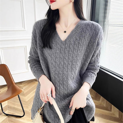 Damen Pullover V-Ausschnitt Lässig Zopfmuster Norvielle