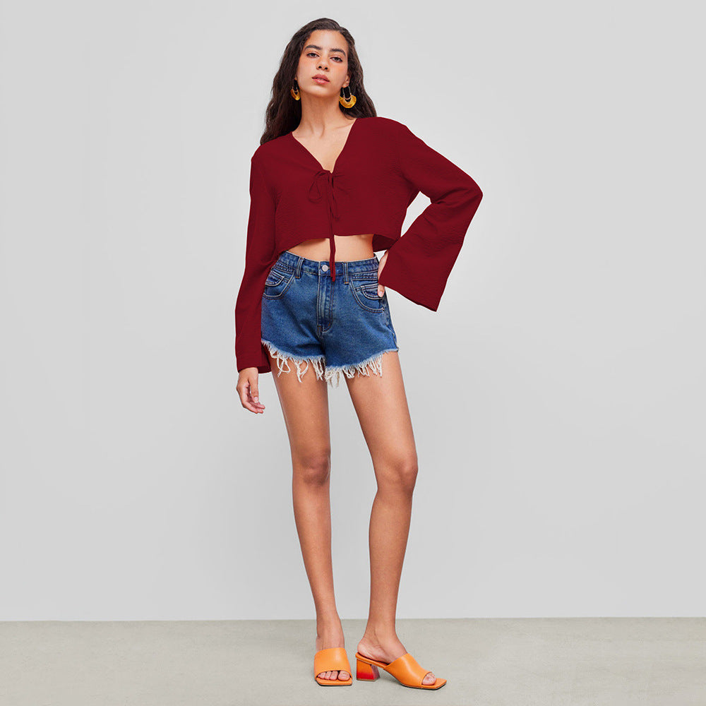 Damen Oberteil V-Ausschnitt Crop- mit Knoten Norvielle