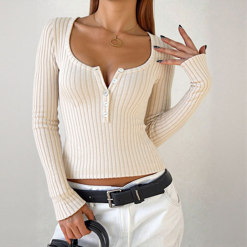 Damen Langarmshirt V-Ausschnitt Knopfdetails Norvielle
