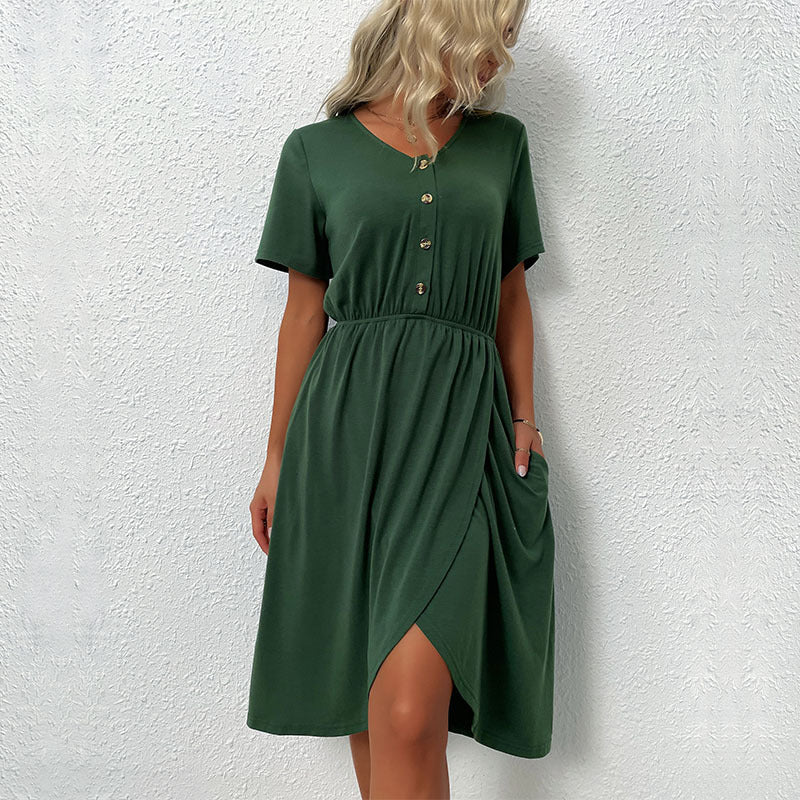 Damen Kleid Kurz Knöpfe Elastischer Bund Norvielle