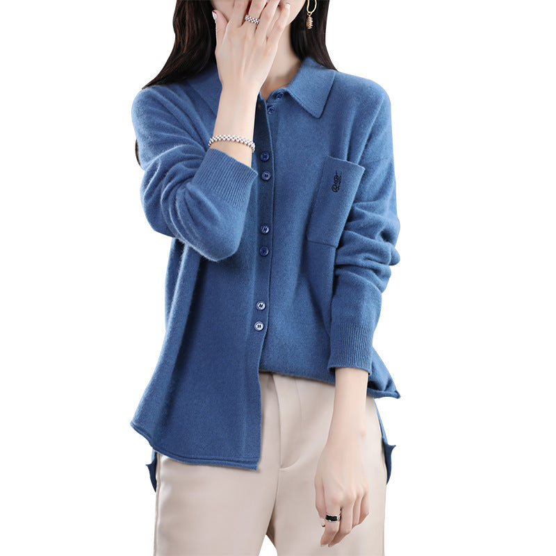 Damen Strickjacke Langärmlig Elegant Kragen Knopfleiste