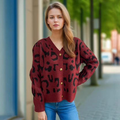 Damen Strickjacke Animalmuster Goldknöpfe Norvielle