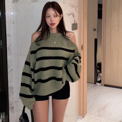 Damen Oversized Pullover Offene Schulter Streifenmuster