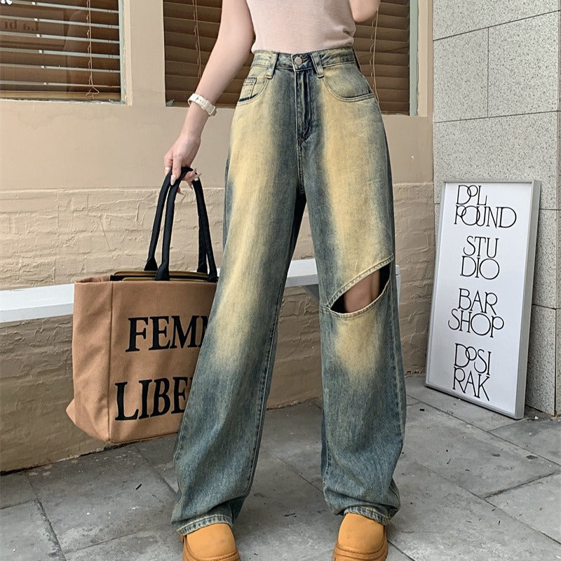 Damen Weite Denim-Hose Asymmetrische Knöpfe