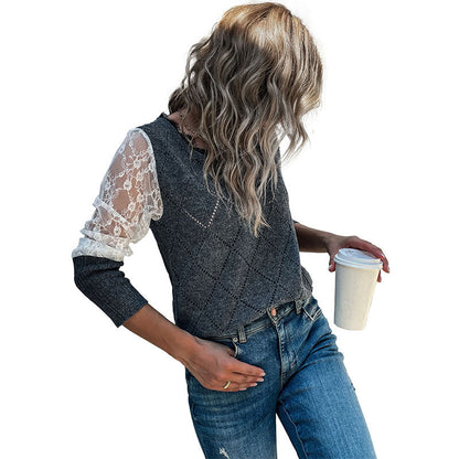 Damen Strickpullover Spitzeneinsätze Rautenmuster Norvielle