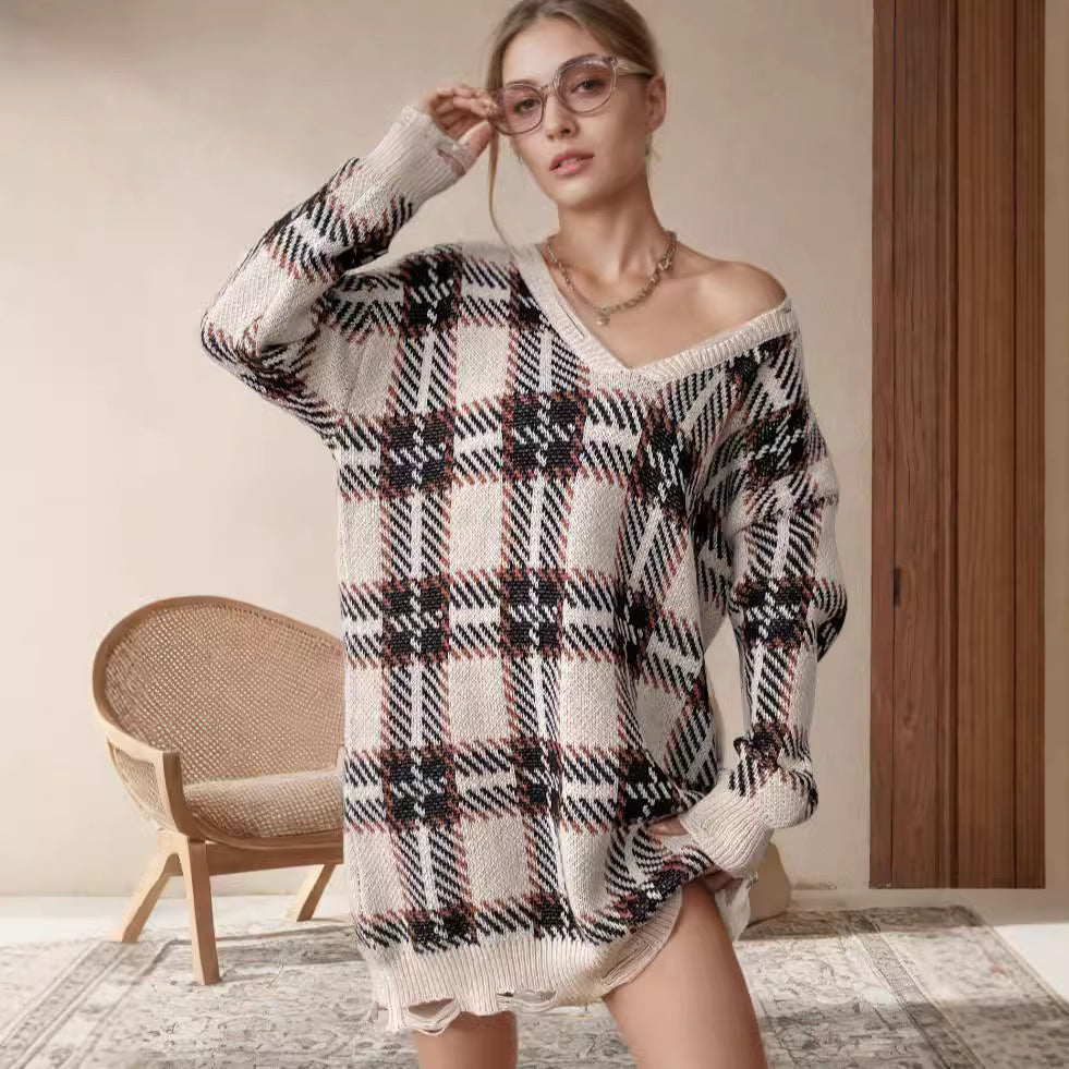 Damen Oversized Pullover V-Ausschnitt Kariert Norvielle - Norvielle