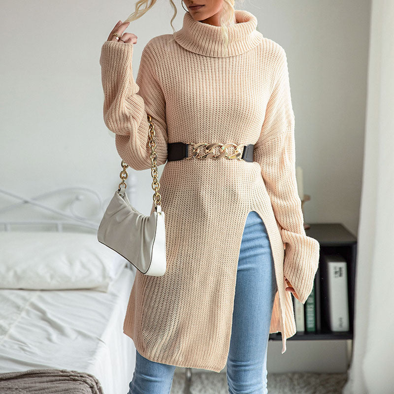 Damen Strickpullover Hochkragen Dekorativer Taillengürtel