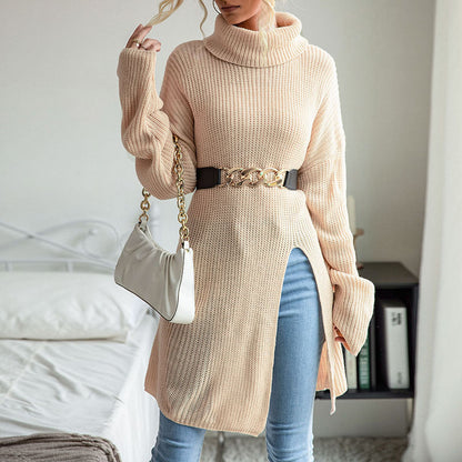 Damen Strickpullover Hochkragen Dekorativer Taillengürtel