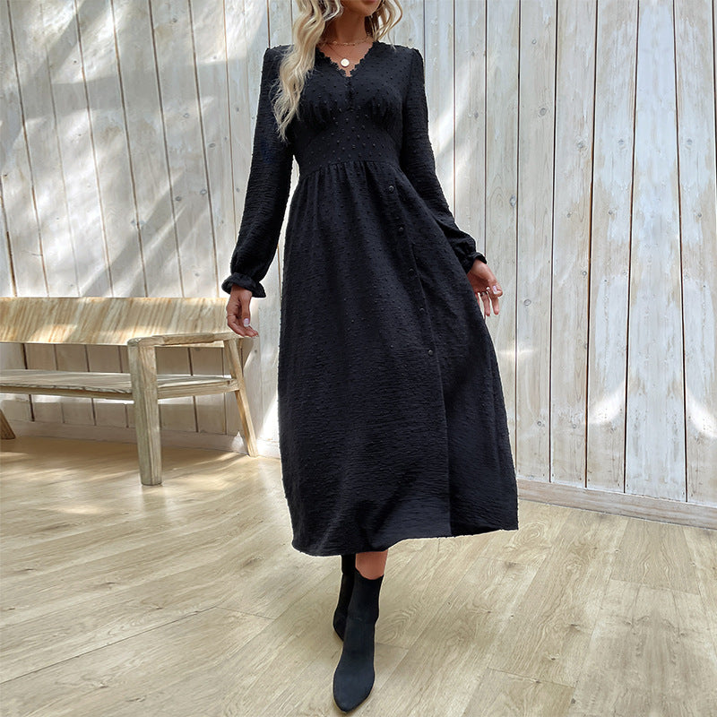 Damen Kleid Knielang Mit Knöpfen Dekorativ Schwarz - Norvielle