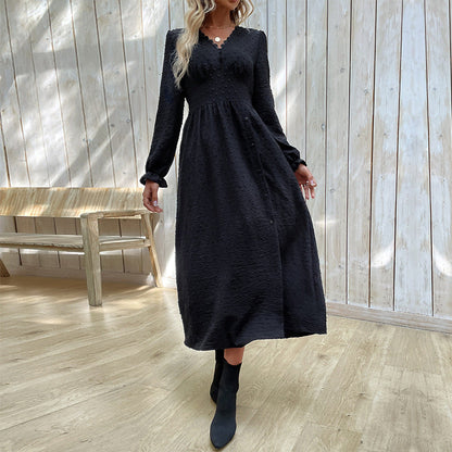 Damen Kleid Knielang Mit Knöpfen Dekorativ Schwarz - Norvielle
