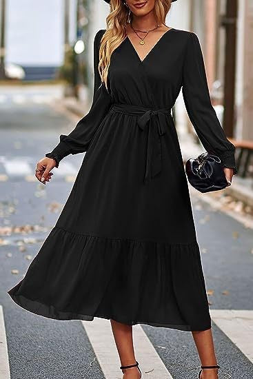 Damen Midi-Kleid V-Ausschnitt Bindegürtel Elegantes Kleid