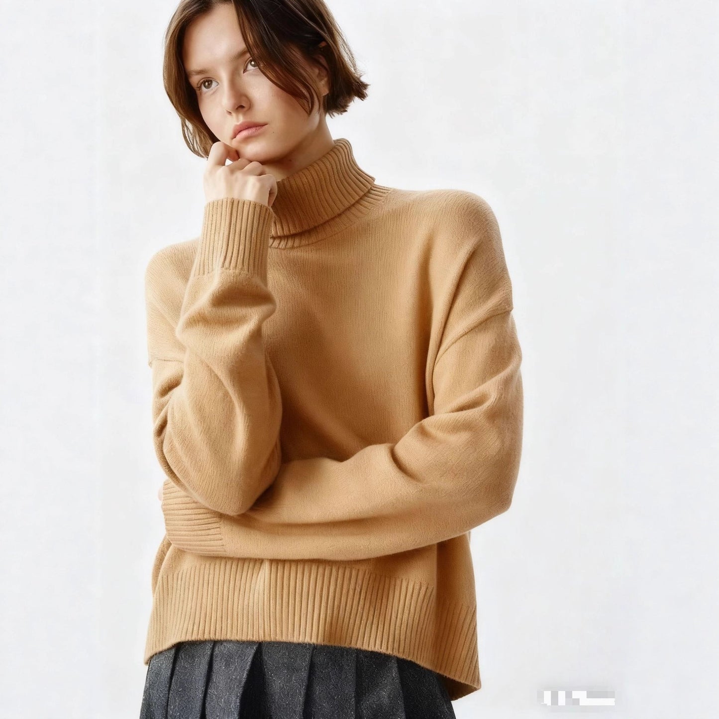 Damen Rollkragenpullover Oversized Rippstruktur Beige - Norvielle