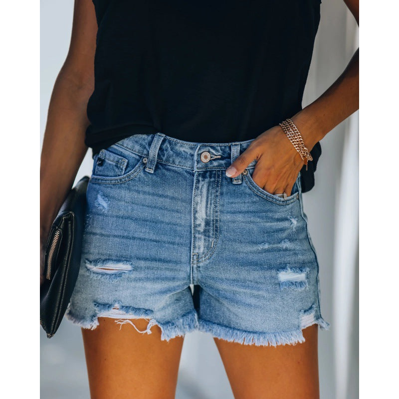 Damen Highwaist Destroyed Jeansshorts mit Fransen Schwarz - Norvielle