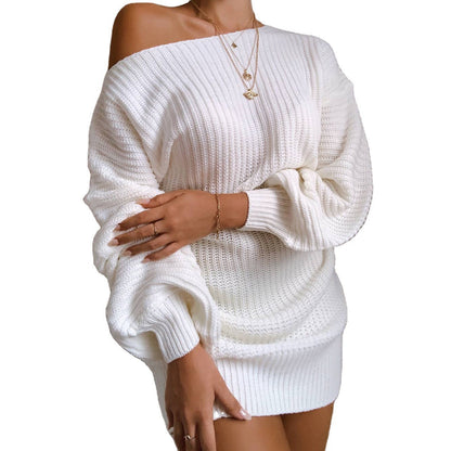 Damen Strickkleid Schulterfrei Voluminöse Ärmel Norvielle