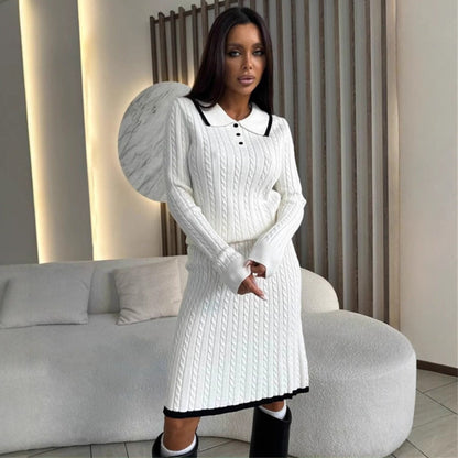 Damen Strickkleid Polo-Kragen Zopfmuster Norvielle
