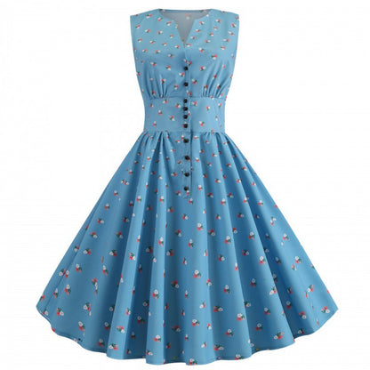 Damen A-Linien Kleid mit Blumenmuster und Knöpfen
