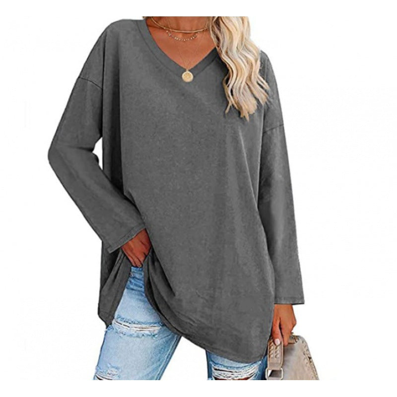 Damen Sweatshirt V-Ausschnitt Langärmlig Asymmetrisch Grau