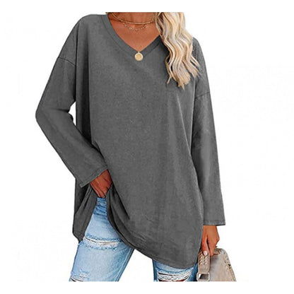 Damen Sweatshirt V-Ausschnitt Langärmlig Asymmetrisch Grau