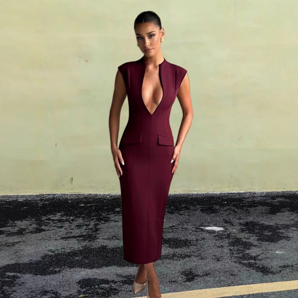 Damen Kleid V-Ausschnitt Figurbetont mit Taschen Norvielle