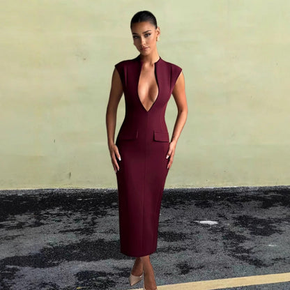 Damen Kleid V-Ausschnitt Figurbetont mit Taschen Norvielle