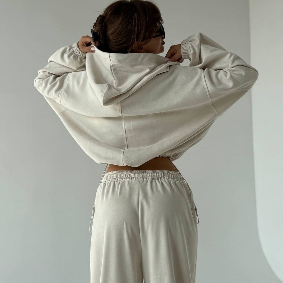 Damen Velours Jogginganzug Set Kapuze Weite Passform