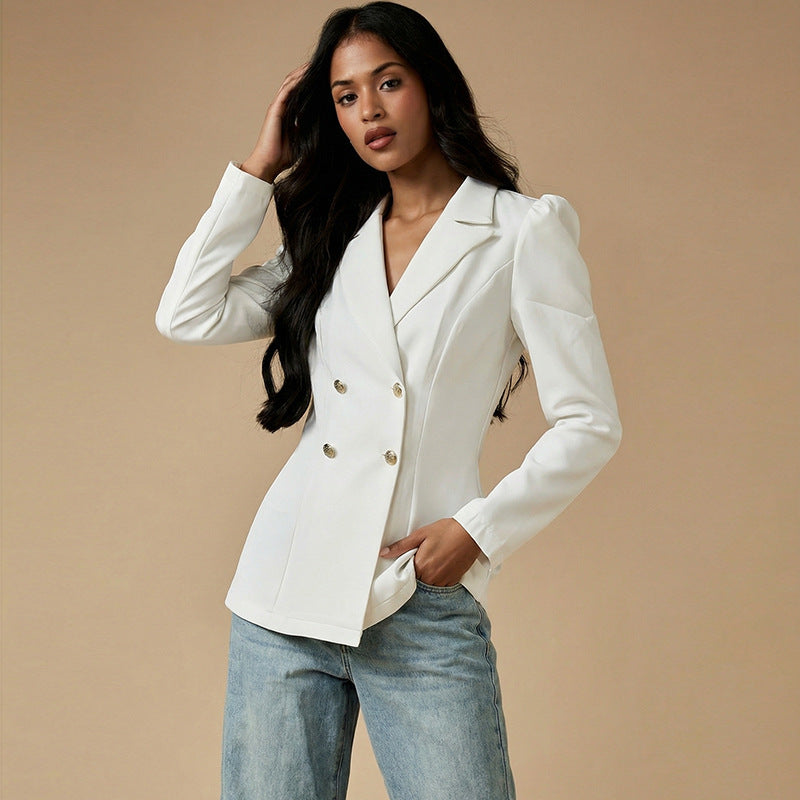 Damen Blazer Elegant Puffärmel Schwarz - Norvielle