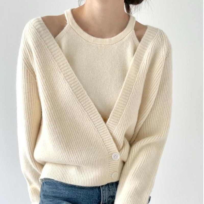 Damen Cropped Strickjacke V-Ausschnitt Knöpfe Norvielle