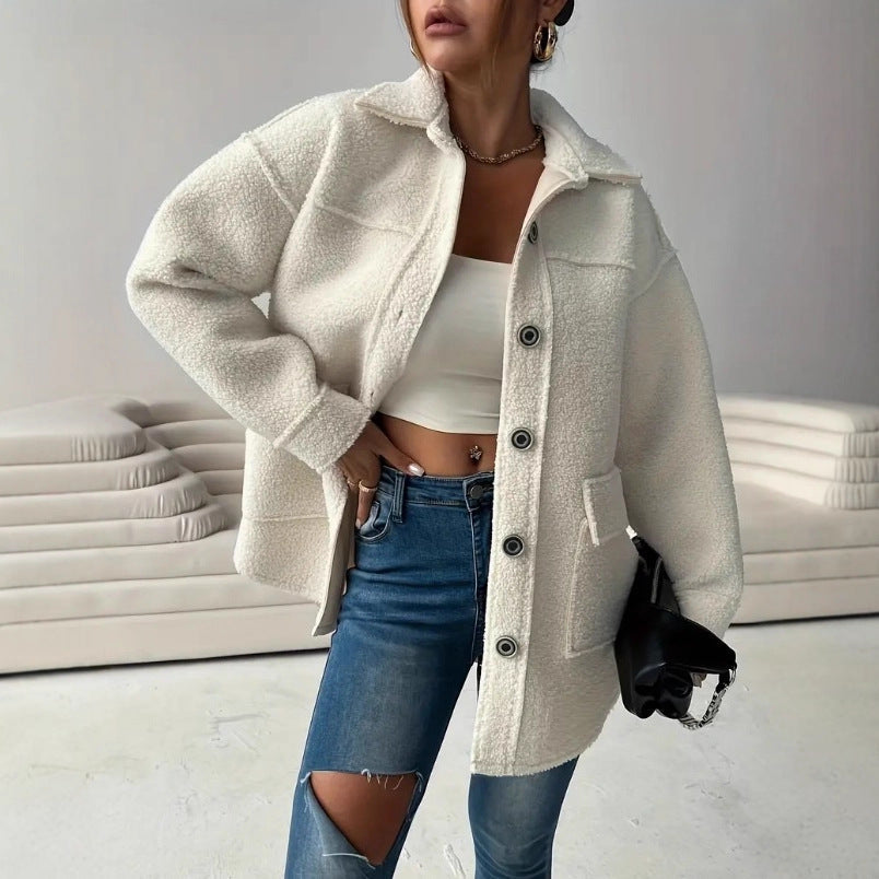 Damen Teddy Mantel Weiß Oversized Knöpfe Taschen - Norvielle
