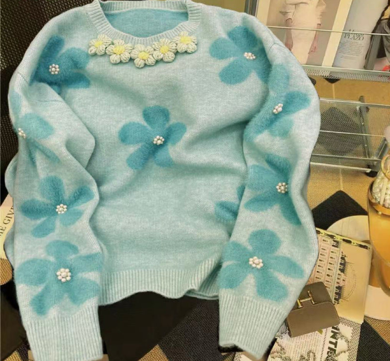 Damen Strickpullover Floral Mit Perlendetails