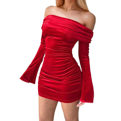 Damen Minikleid Off-Shoulder Velvet Rüschendetails