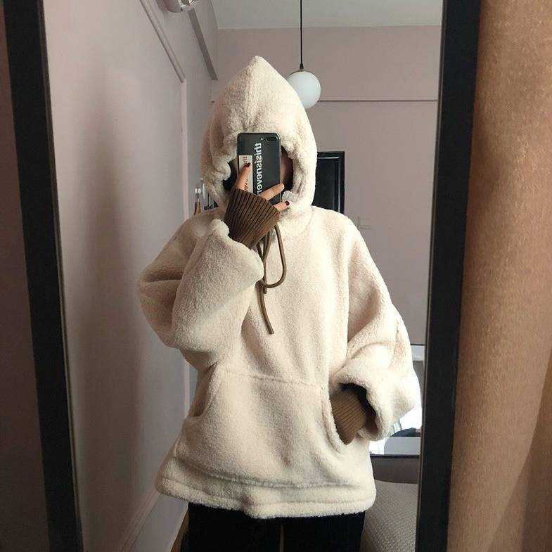 Damen Oversized Kapuzenpullover Kuschelfleece Vordere Kängurutasche