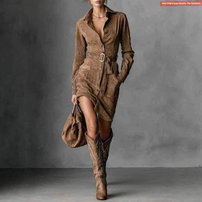 Damen Hemdblusenkleid Tailliert Gürtel Seitentaschen Norvielle - Norvielle