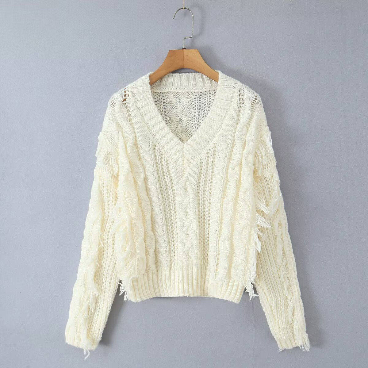 Damen Grobstrickpullover V-Ausschnitt Fransen Norvielle