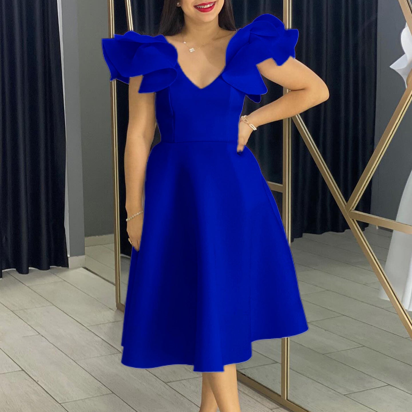 Damen Midi-Kleid Voluminöse Rüschenärmel Weit Rock