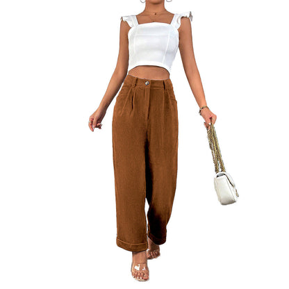 Damen Cordhosen Mittelhohes Modell Falten Optik Beige