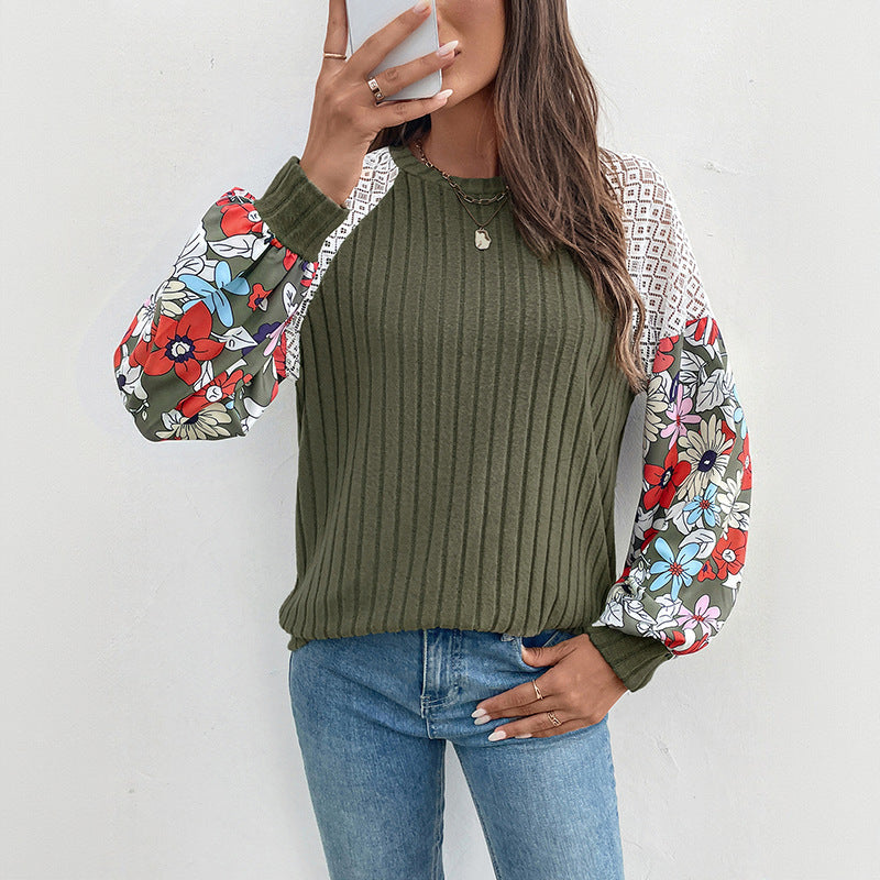 Damen Strickpullover Bunt Blumenärmel Rippenstruktur