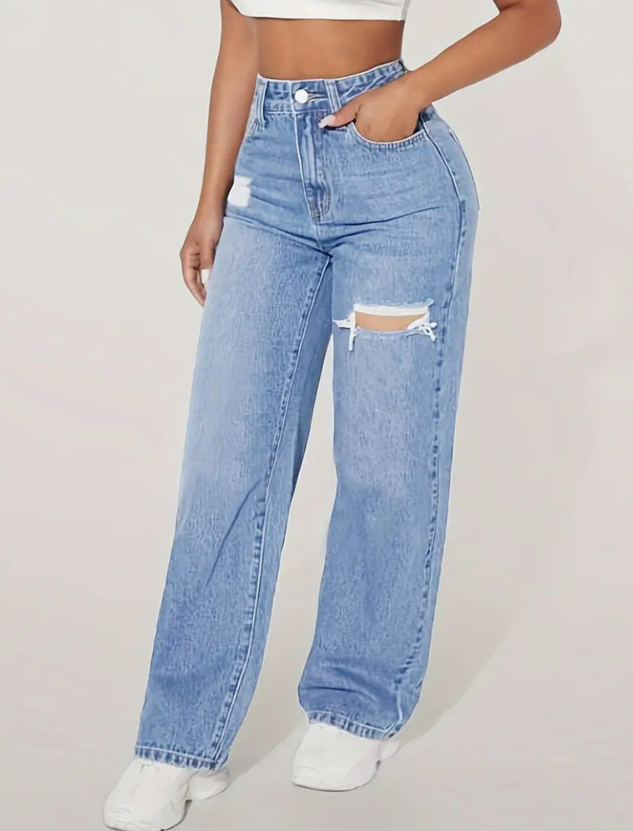 Damen High-Waist Jeans Ripped gerades Bein