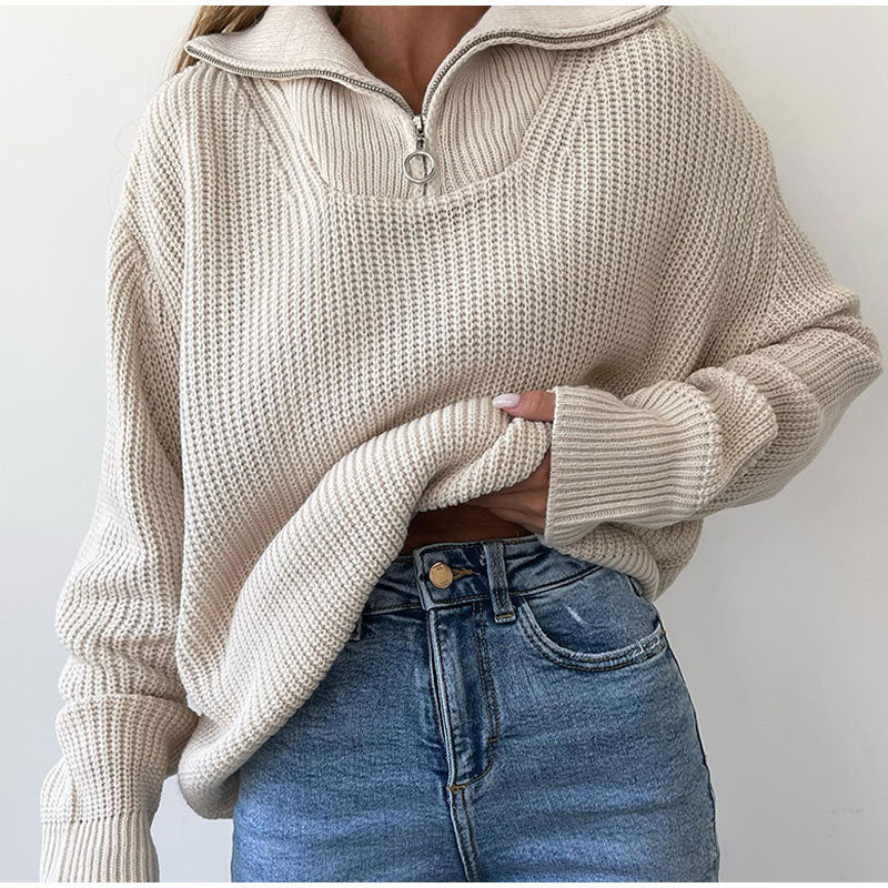 Damen Oversized Strickpullover Stehkragen Reißverschluss Norvielle - Norvielle