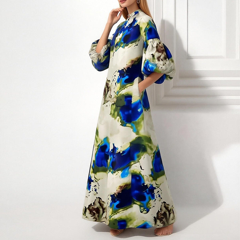 Damen Maxikleid Voluminöse Puffärmel Bunt