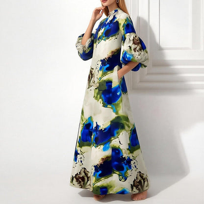 Damen Maxikleid Voluminöse Puffärmel Bunt