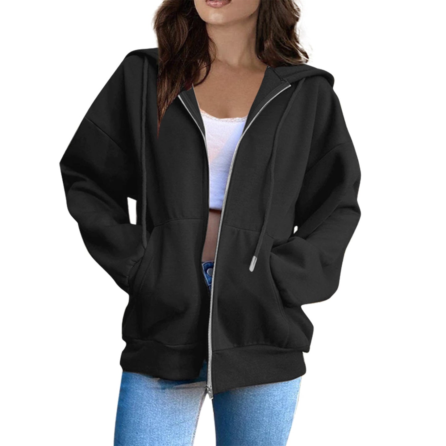 Damen Oversized Kapuzenjacke Mit Reißverschluss Und Taschen