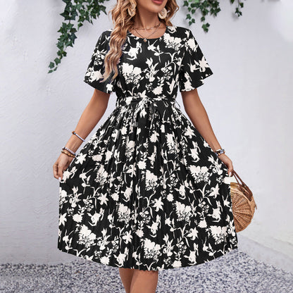 Damen Midi-Kleid Floraler Druck Taillierter Gürtel Norvielle