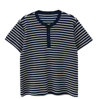 Damen Kurzarmshirt Gestreift Knopfleiste /Weiß