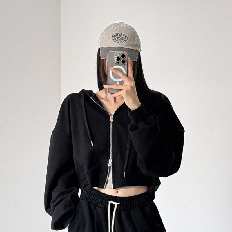 Damen Cropped Kapuzenjacke Elastisch Reißverschluss Schwarz - Norvielle