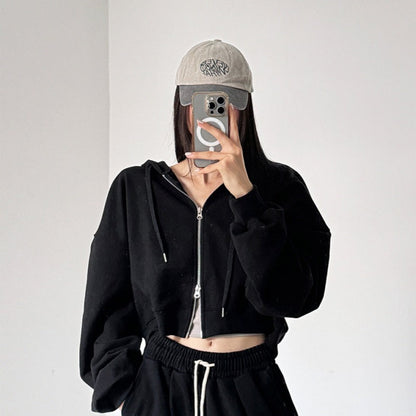 Damen Cropped Kapuzenjacke Elastisch Reißverschluss Schwarz - Norvielle