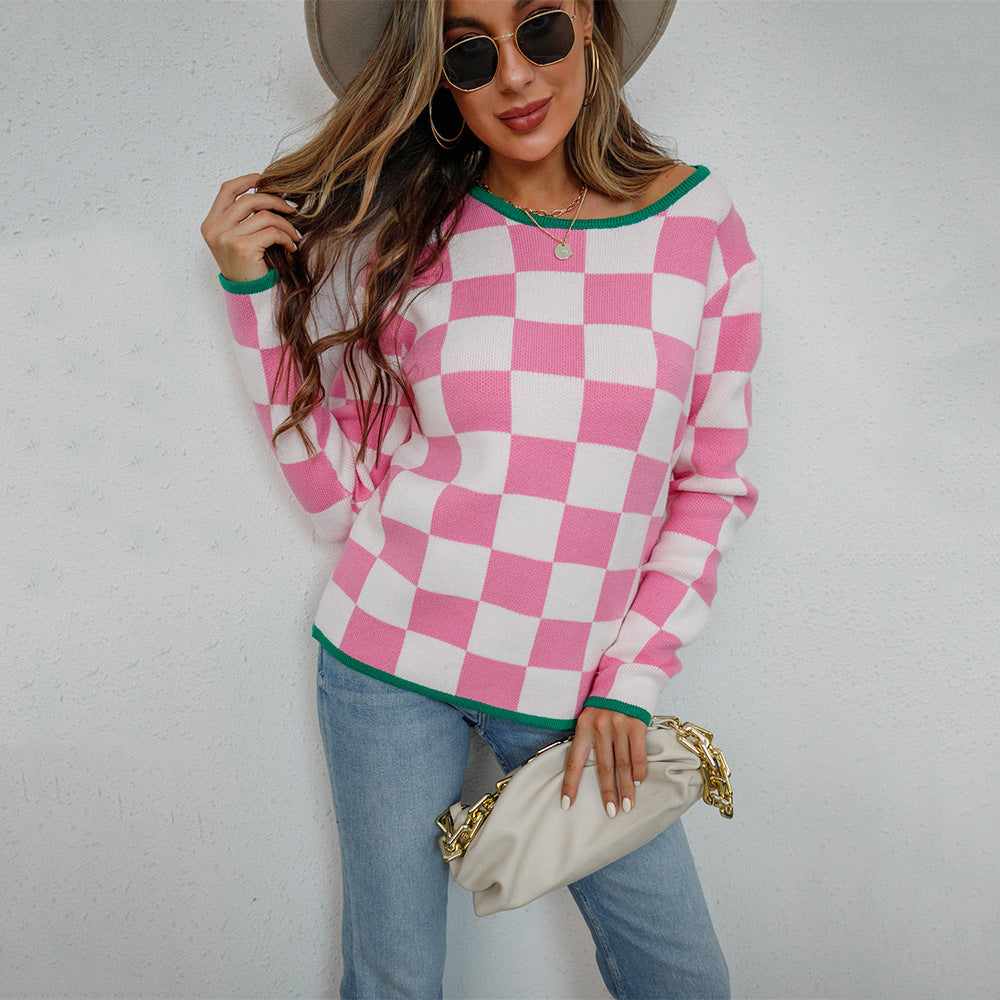 Damen Pullover Checkerboard Muster Norvielle