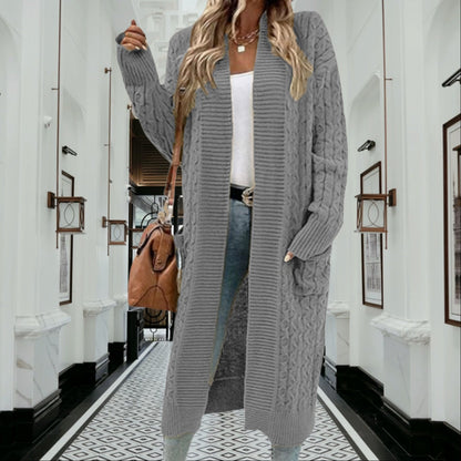 Damen Grobstrick Cardigan Offenes Design Mit Taschen Beige