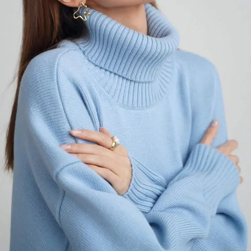 Damen Oversized Rollkragenpullover Gestrickt Beige